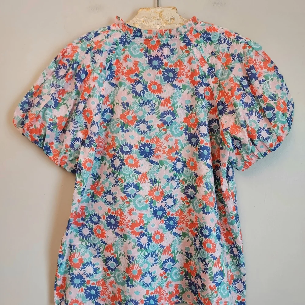 Anthropologie Banjanan Tammy Top Floral Short Puff Sleeve Blouse Large NEW NWT